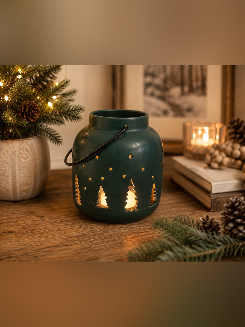 Forest Green Ceramic Christmas Lantern Tree Cutout Candle Holder Holiday Decor